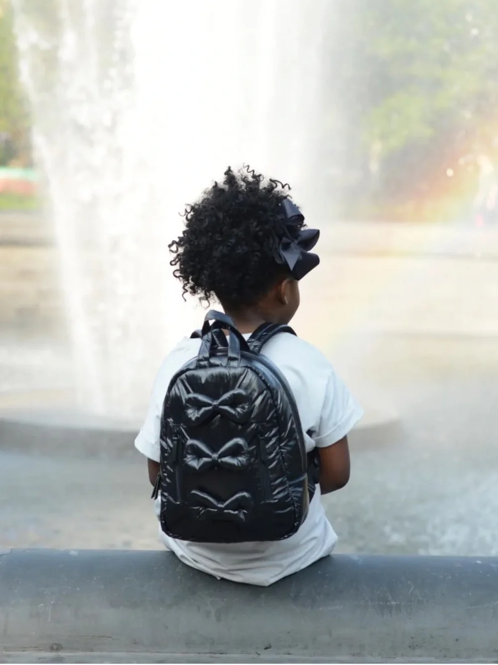 7AM enfant Black Bow Accent Nylon puffer Backpack NWT
